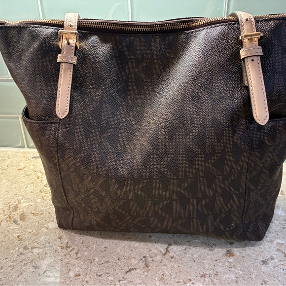 Michael Kors Brown and Tan MK Signature Tote with Gold Charm - Picture 2 of 10